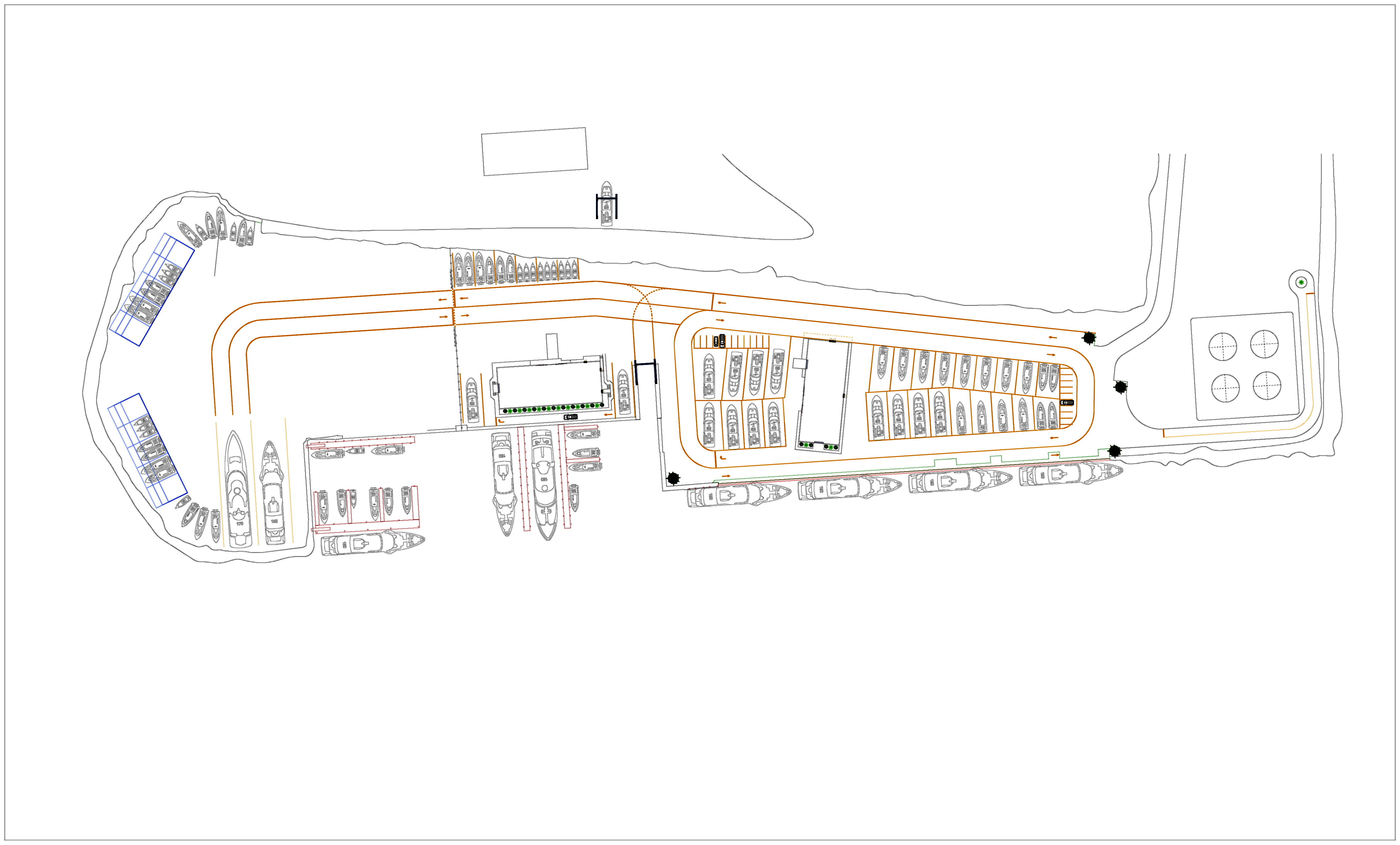 Engineered site plan — berth bays, travel-lift wells, buildings, traffic lanes